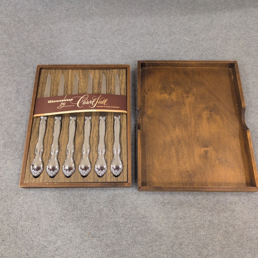Carvel Hall Gloucester Steak Knives Set of 6 Vintage Silverplate Wooden Case - Picture 4 of 8